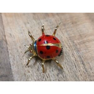 Vintage Lady Bug Brooch Scattter Pin Red Black Gold Enamel Metal Tiny 1"